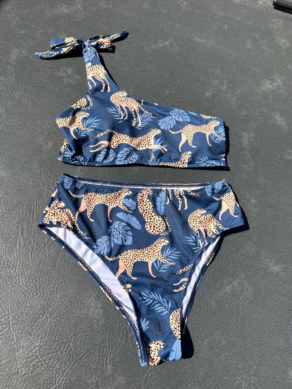 Blue One-Shoulder Leopard Print Bikini Set, Size Small, NWOT